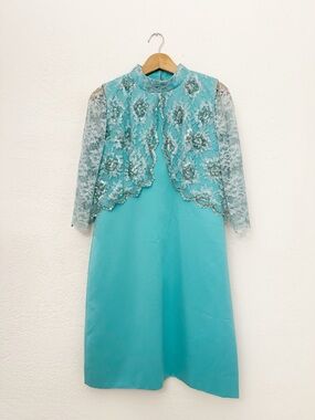 Vintage 50s 60s Shift Dress Lace Bolero Tiffany Blue Size M Mid Mod Jackie O